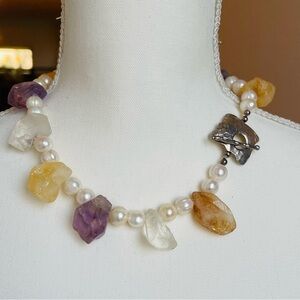 Raw Amethyst Citrine Quartz Freshwater Pearls In Sterling Silver 16-18" Necklace